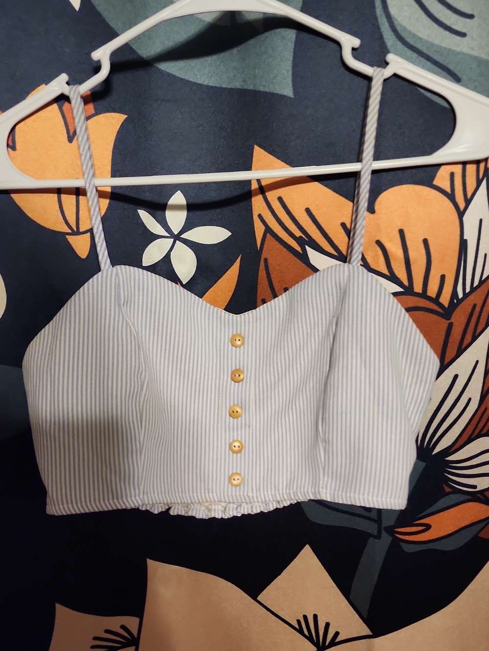 FAVLUX Blue & White Striped Button-Front Crop Camisole